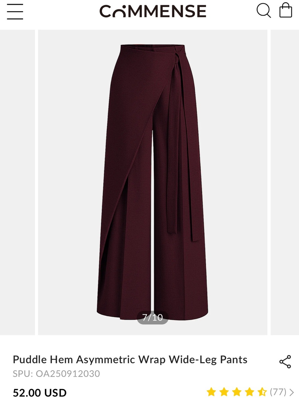 Commense Puddle Wrap Asymmetric Wrap Wide-Leg Pants Size XS in Color Burgendy